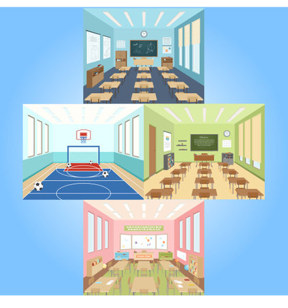 Interior of a school classroom in flat style. Vector illustration.のイラスト素材