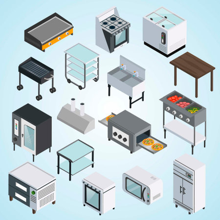 Isometric kitchen equipment. Furniture and kitchen appliances. Vector illustrationのイラスト素材