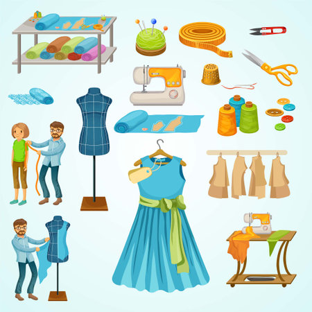 Sewing tools and accessories cartoon icons set isolated vector illustration graphic designのイラスト素材