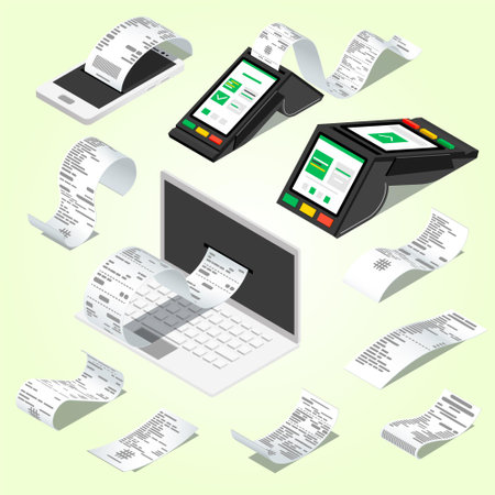 Isometric POS terminal, credit card reader and printed receipt. Vector illustration.のイラスト素材