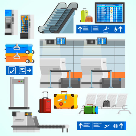 Airport terminal. Vector illustration of airport terminal with conveyor belt, luggage, luggage, check-in counter and other equipment.のイラスト素材