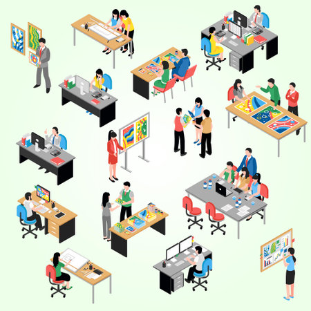 People working in office isometric icons set with people working at computer vector illustrationのイラスト素材