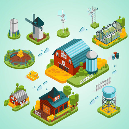 Farm isometric icons set with windmill and farm buildings isolated vector illustrationのイラスト素材
