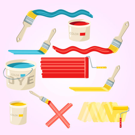 Paint roller, brush and paint can set. Vector illustration.のイラスト素材