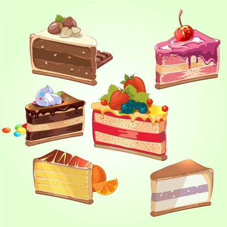 Vector illustration of a set of different cakes and pastries on a light backgroundのイラスト素材
