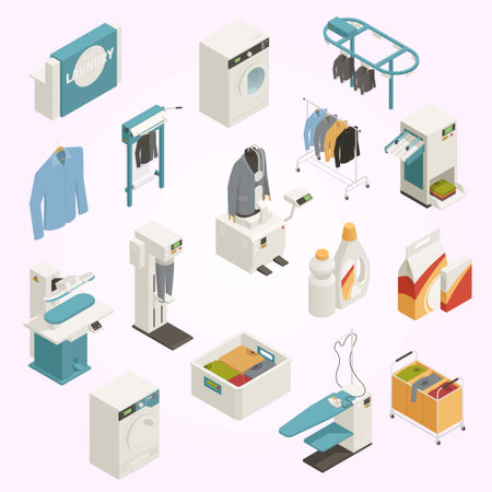 Laundry isometric icons set with washing machine and clothes vector illustrationのイラスト素材