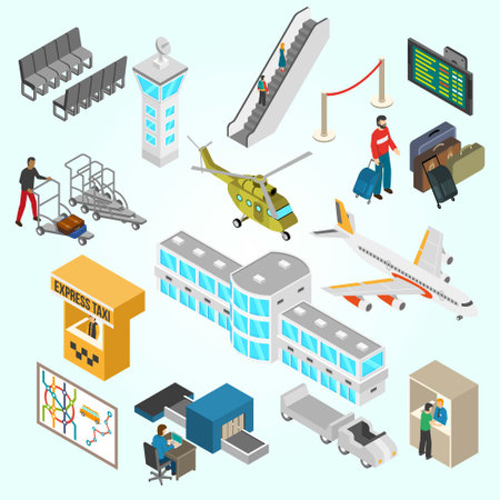 Airport isometric icons set with airport terminal and passengers vector illustrationのイラスト素材