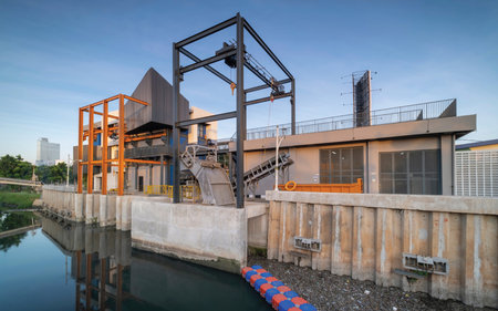 Water treatment plant in the evening, close up of water treatment plantの写真素材