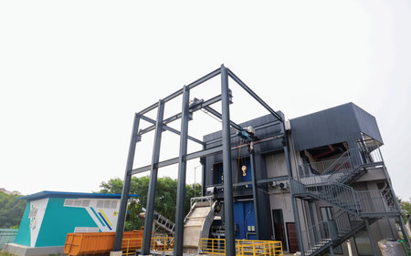 Industrial steel structure in a factory, closeup of photo.の写真素材