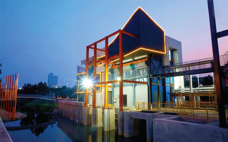 Modern building in the evening at the parkの写真素材