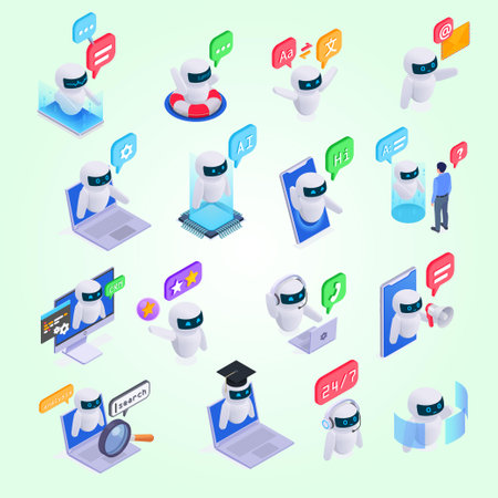 Isometric 3d Isometric Chatbot Icon Set. Vector illustrationのイラスト素材