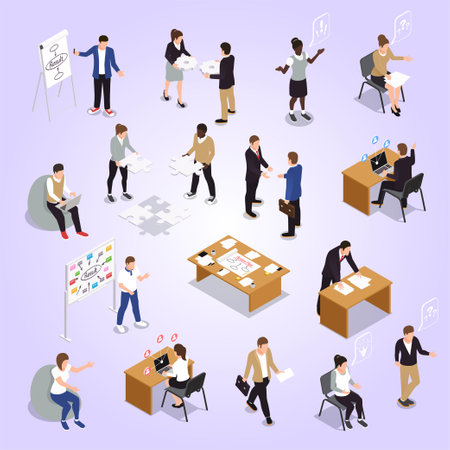 Isometric business people characters set with office workers in different situations vector illustrationのイラスト素材