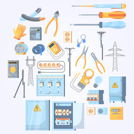 Electrical equipment. Electrician tools. Vector illustration in flat styleのイラスト素材