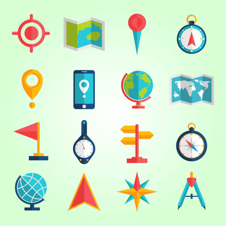 Icon set about Travel with compass, map and navigator. with location markerのイラスト素材