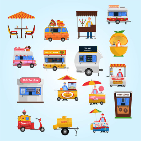 Food truck and street kiosk flat icons set isolated vector illustration.のイラスト素材