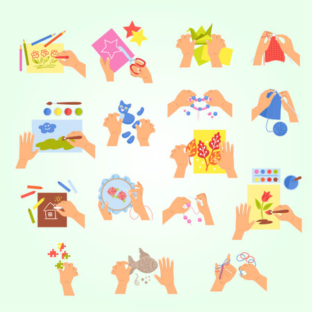 Set of hands and objects for needlework. Flat style vector illustration.のイラスト素材