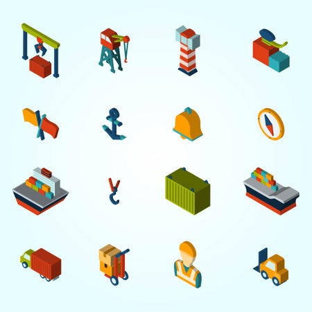 Isometric Industrial Machinery and Equipment icons set with workers and machinery isolated vector illustrationのイラスト素材