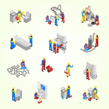 Isometric flat 3d icons set of workers and equipment for plumbing work isolated vector illustrationのイラスト素材