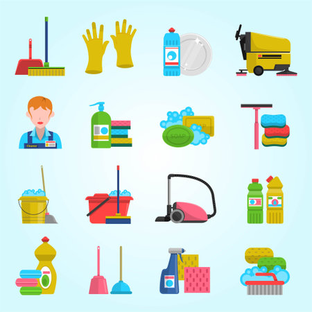 Cleaning and housework icons set. Cleaning service vector illustrationのイラスト素材