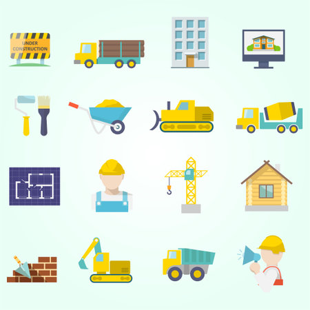 Construction icons set. Flat illustration of 16 construction vector icons for webのイラスト素材