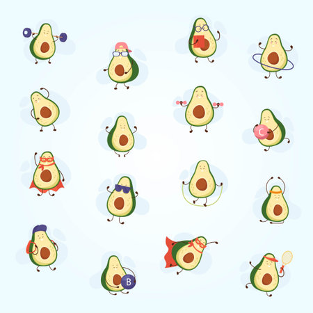 Avocado character vector set. Avocado in different poses and emotions.のイラスト素材