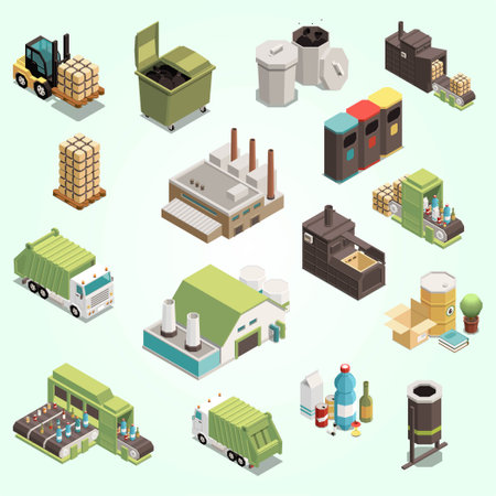Isometric industrial icons set with factory buildings and equipment isolated vector illustrationのイラスト素材