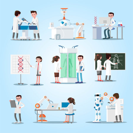 Set of medical doctors and scientists working in laboratory. Flat style vector illustration.のイラスト素材