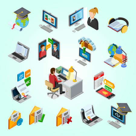E-learning icons set. Isometric set of 25 e-learning vector icons for web isolated on light backgroundのイラスト素材