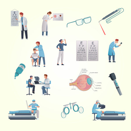 Medical and healthcare icons set with ophthalmologist and patient vector illustrationのイラスト素材