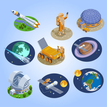 Space isometric icons set with astronaut spaceship and planet isolated vector illustrationのイラスト素材