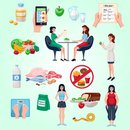 Healthy eating and dieting icons set with woman and man eating healthy food vector illustrationのイラスト素材