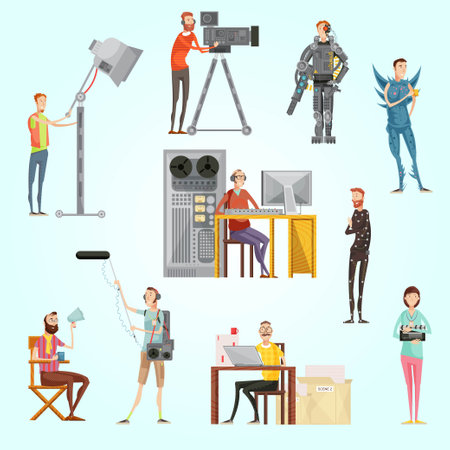 Robots and people working in the office. Cartoon vector illustration.のイラスト素材