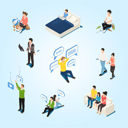 Isometric people with speech bubbles on blue background. Vector illustration.のイラスト素材