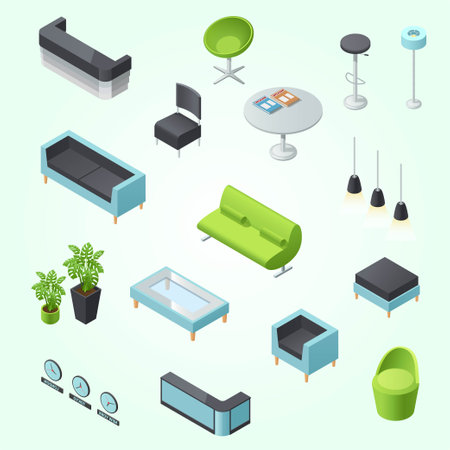 Isometric Furniture Icons Set. 3d Isometric Furniture Icons Collection.のイラスト素材