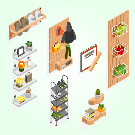 Interior isometric 3d icons set with shelves and shelves isolated vector illustrationのイラスト素材