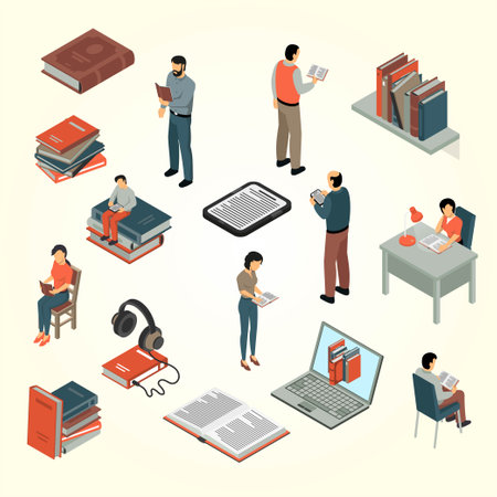 Isometric library icons set with books and people studying isolated vector illustrationのイラスト素材