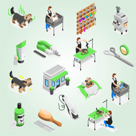 Dog grooming icons set. Isometric set of dog grooming vector icons for web designのイラスト素材