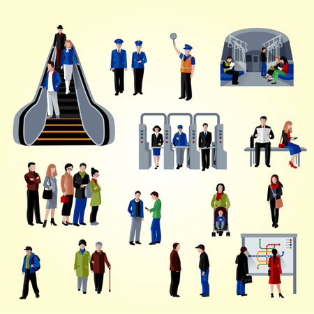 Set of different people with escalators. Vector illustration in flat style.のイラスト素材