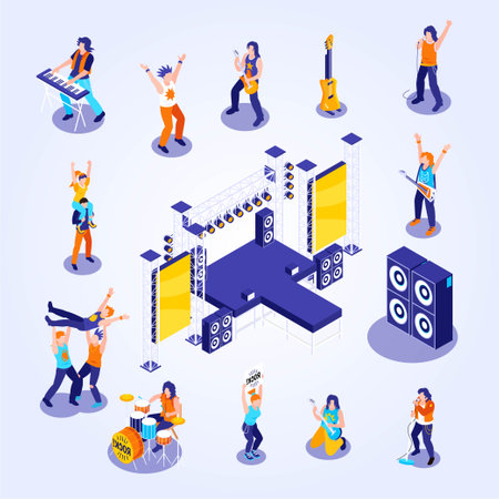 Music festival isometric composition with dancing people and instruments isolated vector illustrationのイラスト素材