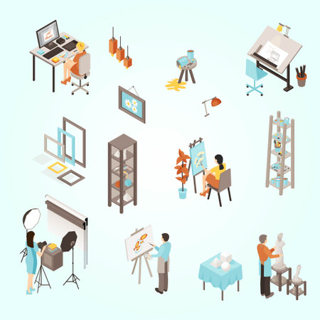 Art school isometric icons set with teacher and students in classroom vector illustrationのイラスト素材
