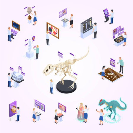 Tyrannosaurus rex isometric 3d icons set with human characters on light background vector illustrationのイラスト素材