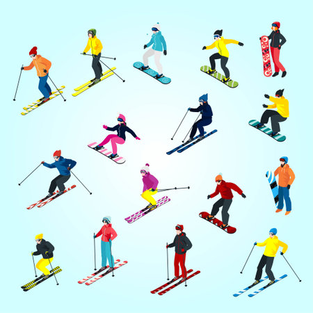 People skiing and snowboarding. Isometric people skiing and snowboarding. Vector illustration.のイラスト素材
