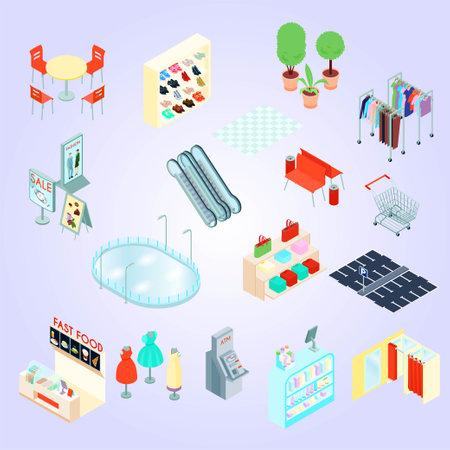 Fashion store isometric icons set with clothes and accessories isolated vector illustrationのイラスト素材