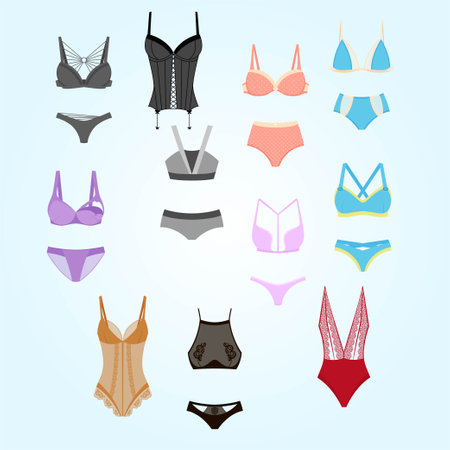 Set of different types of lingerie. Vector illustration in flat style.のイラスト素材