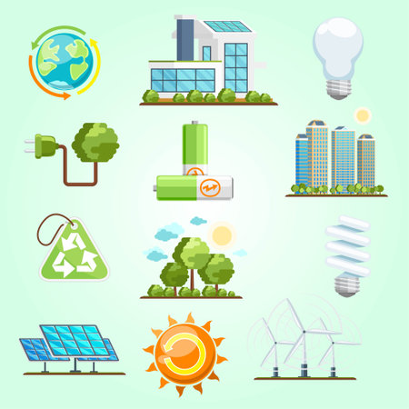 Ecology icons set in flat style. Green energy vector illustration.のイラスト素材