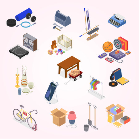 Home and office isometric icons set with furniture and equipment isolated vector illustrationのイラスト素材