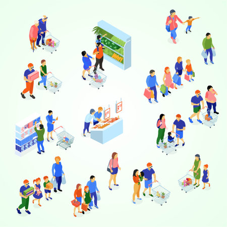 Isometric people with shopping carts, people in supermarket. Vector illustrationのイラスト素材