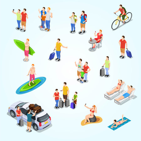 Isometric people set with male and female characters swimming and surfing isolated vector illustrationのイラスト素材