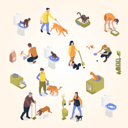 Pet care isometric icons set with man and woman walking dogs vector illustrationのイラスト素材
