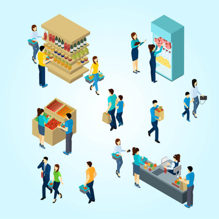 Isometric people shopping in supermarket or grocery store. Buyers and customers buying products. Vector illustrationのイラスト素材